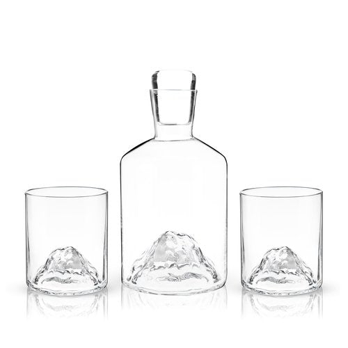 Viski Mountain Decanter and Tumbler Set, Percect for Scotch and Bourbon, Hand-Blown Whiskey Gifts for Men, Set of 3, 24oz Decanter, 9oz Tumblers