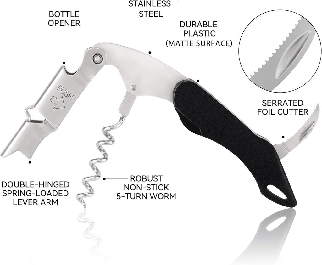 Wine Key - Heavy Duty Waiter Corkscrew, Premium 420 Stainless Steel Compact Wine Opener with Double Hinged, Foil Cutter and Bottle Opener, Gifts for Servers, Sommelier, Bartenders - Black