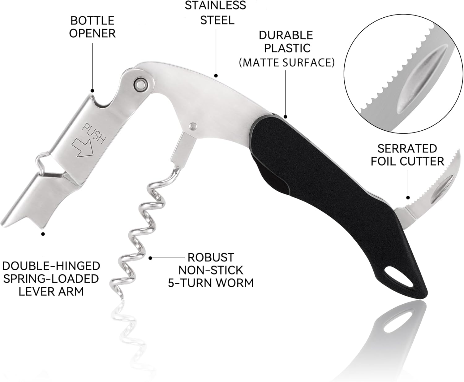 Wine Key - Heavy Duty Waiter Corkscrew, Premium 420 Stainless Steel Compact Wine Opener with Double Hinged, Foil Cutter and Bottle Opener, Gifts for Servers, Sommelier, Bartenders - Black