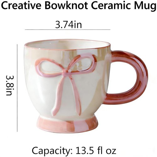 VABILNIY]Ceramic Coffee Mug with Bow Design, 13.5 fl oz Cute Coffee Cup with Spoon, Pink Tea Cup for Hot & Cold Drinks, Gift for Women, Family and Friends