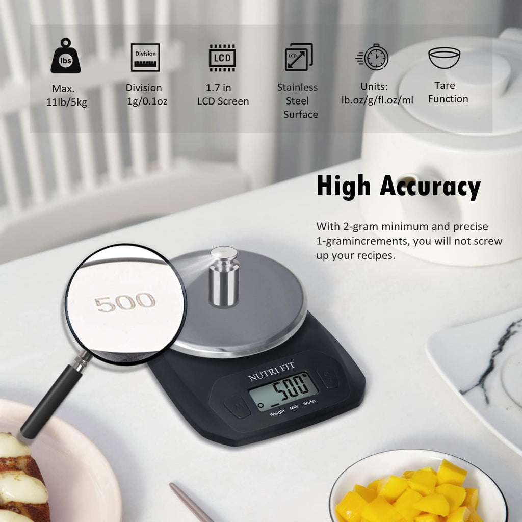 NUTRI FIT Digital Food Scale - Accurate Weight Measurement in Grams & OZ | Stainless Steel, Black