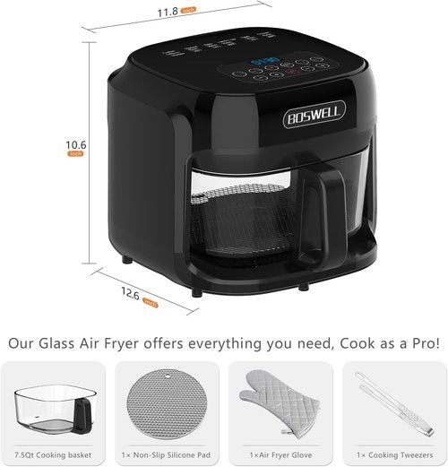 BOSWELL 7.5QT Glass Air Fryer - Transparent Fry Bowl, Temperature Control & Dishwasher Safe Design