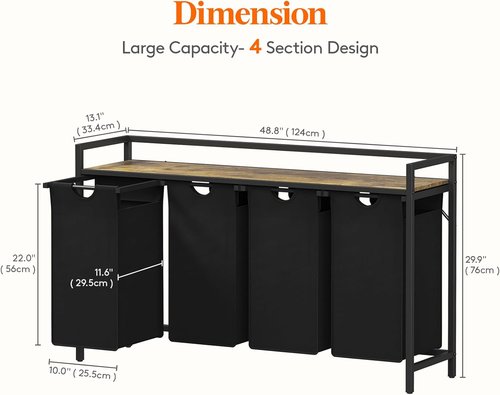 Lifewit Laundry Hamper - 4-Section Organizer with Large Top Shelf & Removable Bags - Black