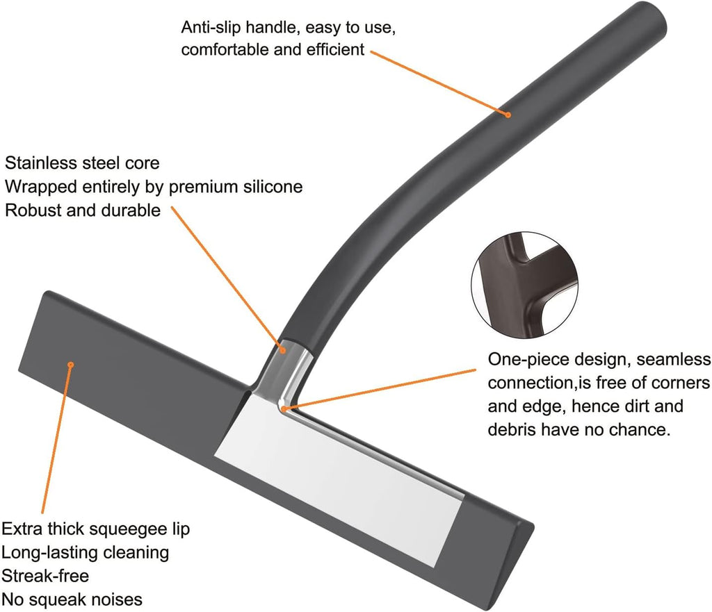 Skiennix All-Purpose Silicone Shower Squeegee - 9 Inch Black Tool with Hooks for Glass Doors & Mirrors