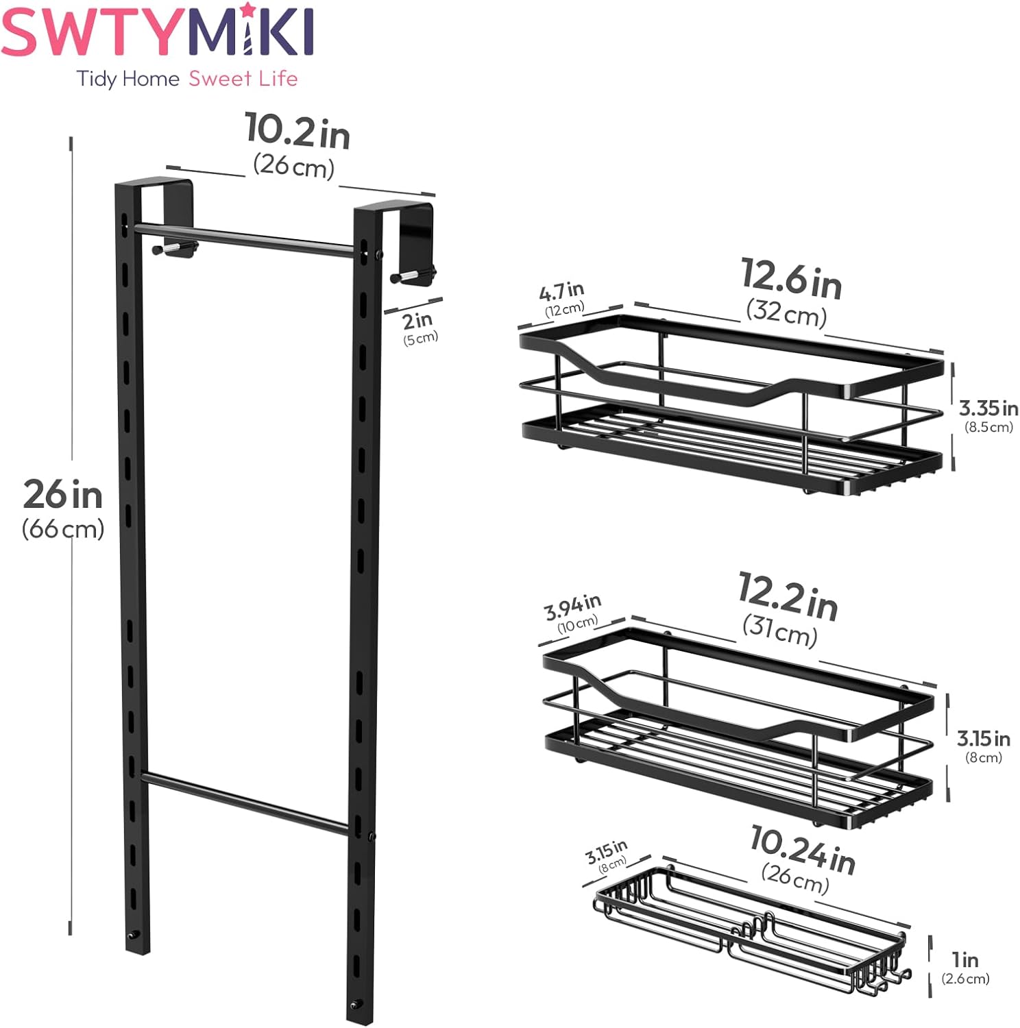 SWTYMIKI Over The Door Shower Caddy - 3 Tier Adjustable Organizer with Soap Holder | No Drilling Stainless Steel, Black