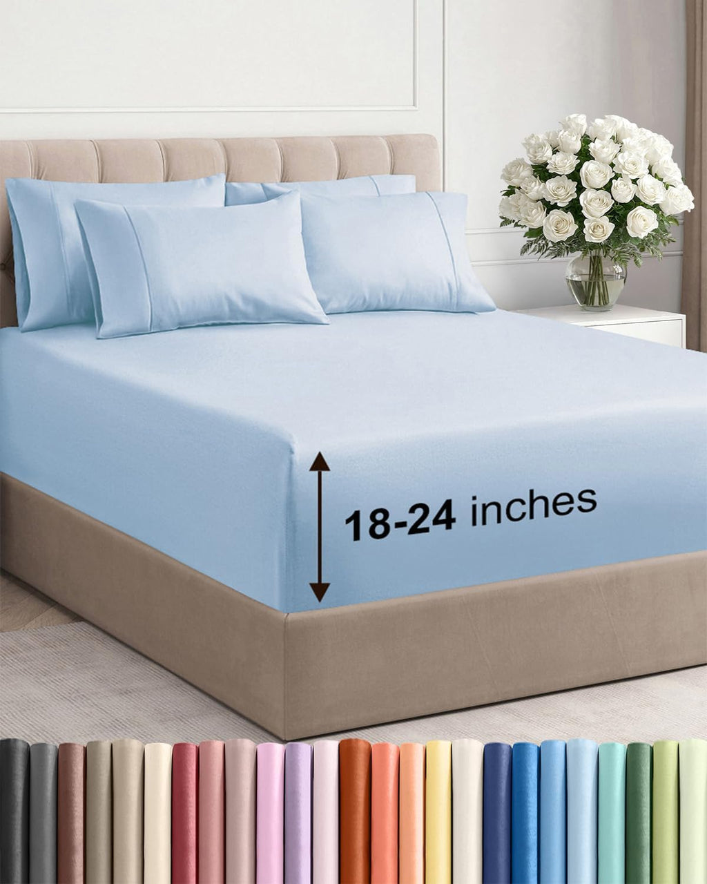 Skiennix Extra Deep Queen Sheet Set - 6-Piece Breathable Cooling Bedding - Soft, Wrinkle-Free Sky Blue
