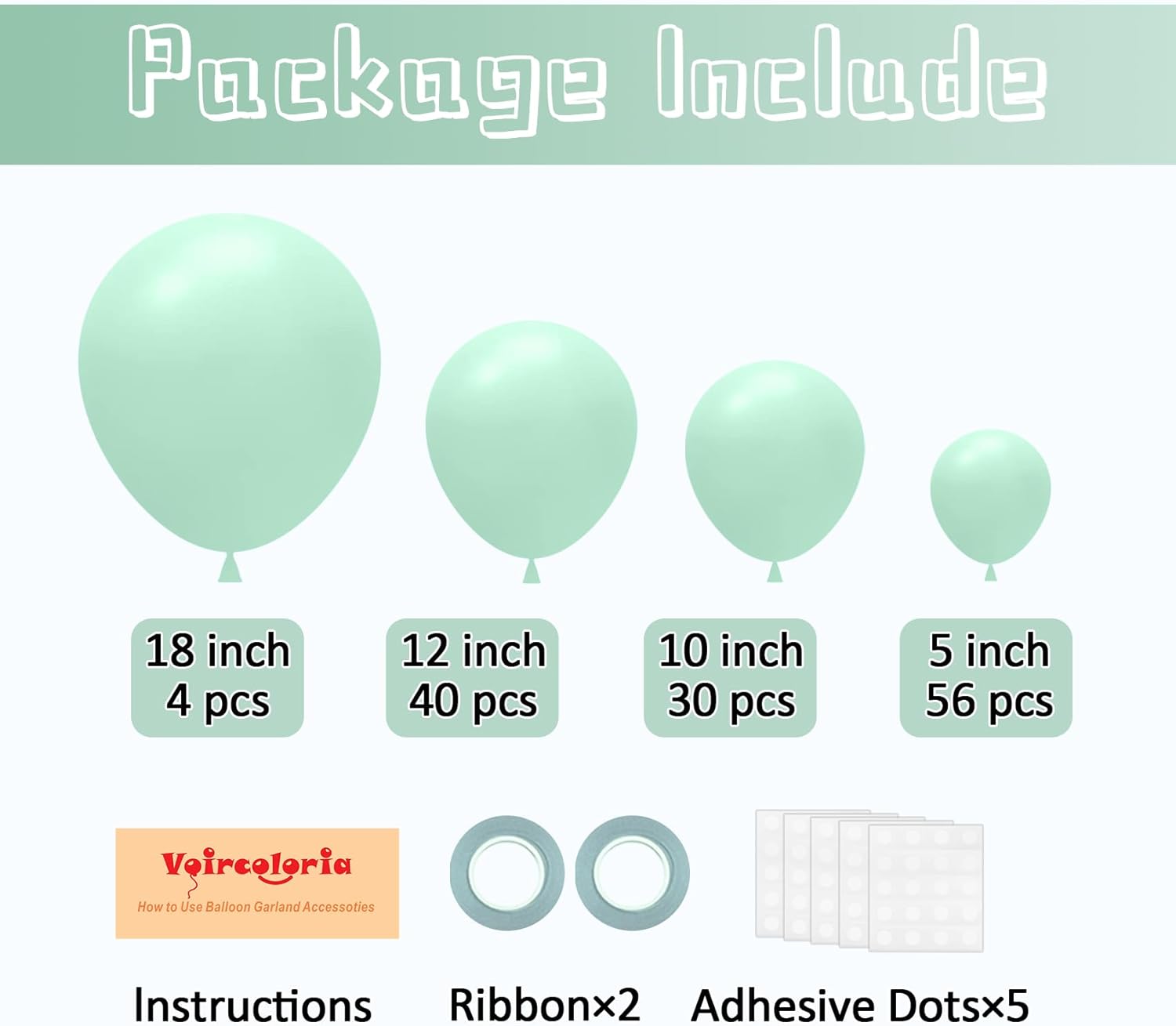 Voircoloria Mint Green Balloons - 130pcs in Various Sizes for Birthday, Baby Shower & Wedding Decor