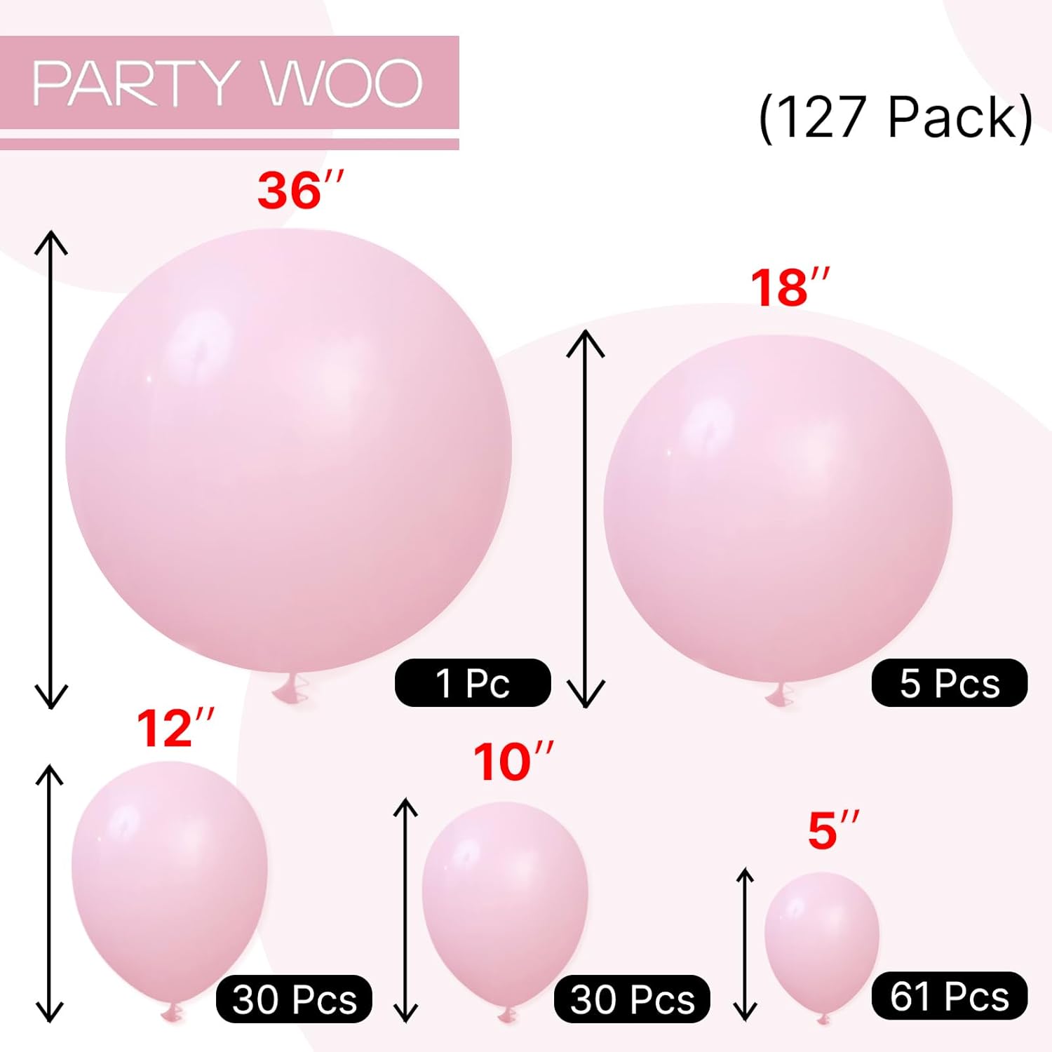 PartyWoo Light Pink Balloon Arch Kit - 127pcs in Various Sizes for Baby Showers & Birthdays | Pastel Pink