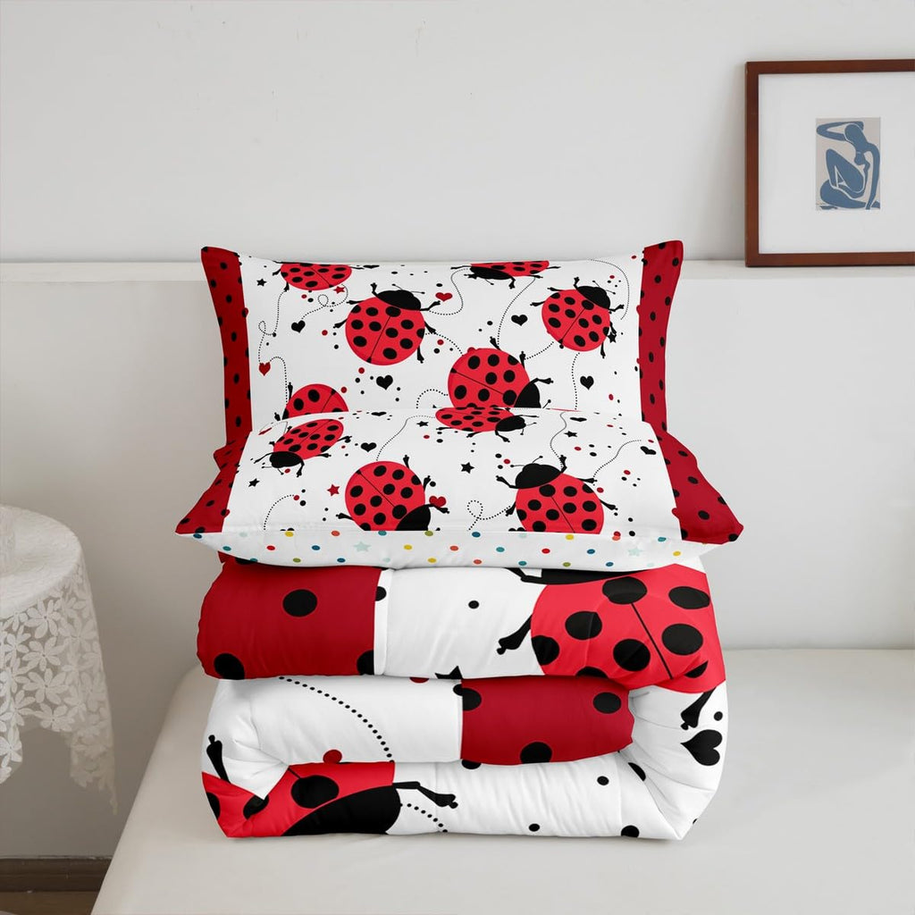 Red Ladybug Comforter Set Twin Size Cartoon Ladybugs Bedding Set for Kids Child,Cute Ladybird Reptile Duvet Insert Beetles Bugs Pattern Bed Quilt Chic Nature Art Lady Beetle Wild Animal Room Decor