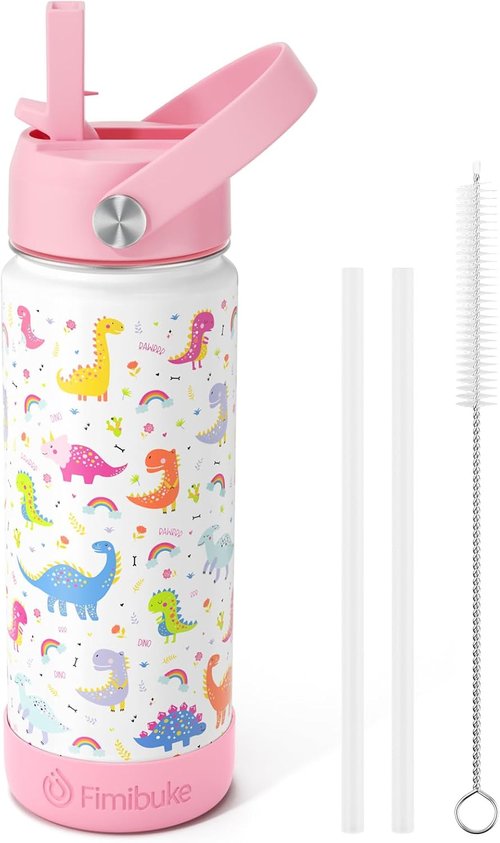 Fimibuke Kids Insulated Water Bottle - 18oz BPA-Free Stainless Steel Tumbler with Straw | White Dinosaur Design