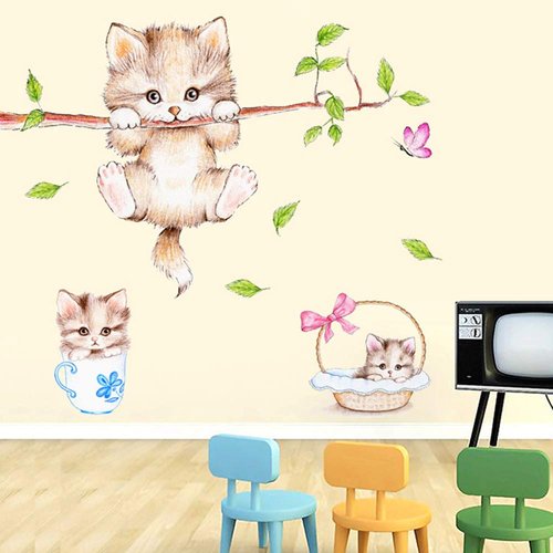 Kiddale Cute Cat Wall Decals,Removable Cat Tree Branches Butterfly Wall Stickers for Kids Rooms Nursery Playroom Home Decoration