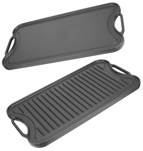PETKAO Reversible Cast Iron Griddle Plate for Gas Grill, Stovetop Grill Pan for Electric Stove, Pre-Seasoned Grill Griddle Pan for Gas Stove Top 2 Burner, Extra Large Stove Top Grill Plate 20" x 10.5"