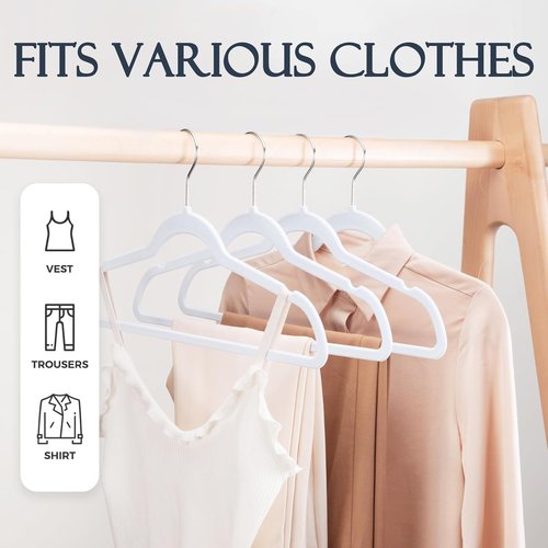 HOUSE DAY White Velvet Hangers - 60 Pack Non-Slip Heavy Duty Felt Hangers for Closet Organization | 360° Rotating Silver Hook