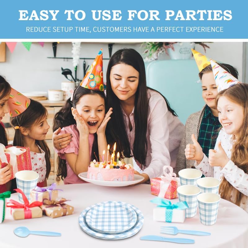 Skiennix 168-Piece Gingham Party Supplies Set - Disposable Plates, Napkins & Cutlery for 24 Guests | Blue