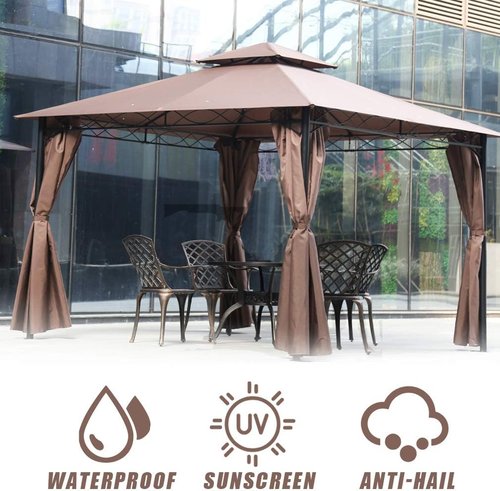 FDW 10'x13' Outdoor Patio Gazebo - Heavy Duty Steel Frame Canopy with Double Roof & Privacy Curtains | Brown