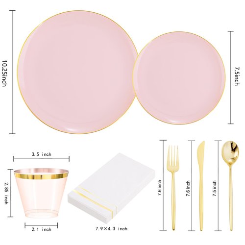 MirthMood 350PCS Pink Plastic Plates with Gold Rim – Plastic Plates Set Includes 50 Dinner,50 Dessert Plate,50 Cup&50 Napkins 150 Gold Silverware for Wedding&Birthday Parties&Valentine's Day