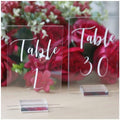 UNIQOOO Acrylic Wedding Table Number 1-30 with Stands | 4x6 inch Printed Calligraphy, Sign and Holder | Perfect for Wedding, Reception, Centerpiece Decoration, Event, Party