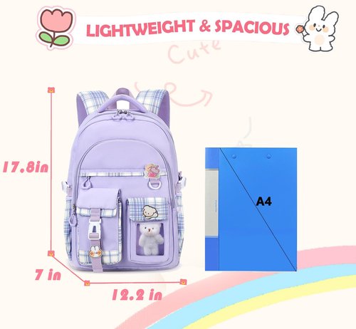 PRLINJSK Girls Backpack，Cute School Backpack for Girls Kids Teens，Kawaii Bookbag for Primary Elementary，Purple