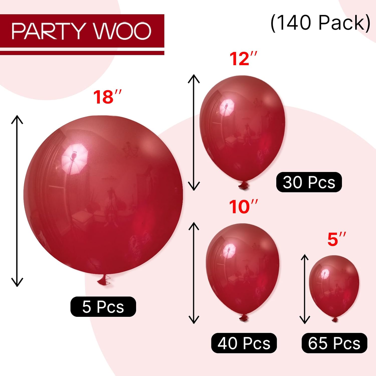 PartyWoo Burgundy Balloons - 140-Piece Dark Chestnut Red Balloon Arch Kit for Celebrations | 5-18 Inch Sizes