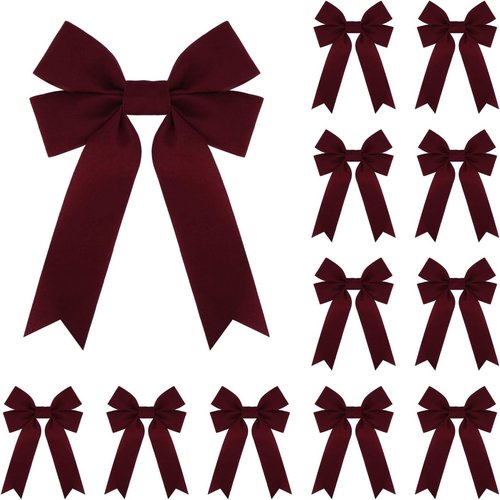 Meseey Burgundy Velvet Ribbon Bows - 12 Pcs for Christmas Wreaths & Gift Wrapping | Indoor/Outdoor Decor