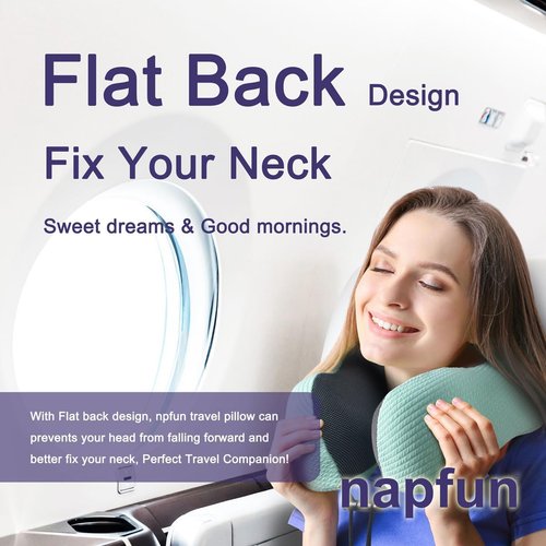 Napfun Neck Pillow - Memory Foam Travel Pillow with Sleep Mask, Earplugs & Pouch | Turquoise Striped Kit