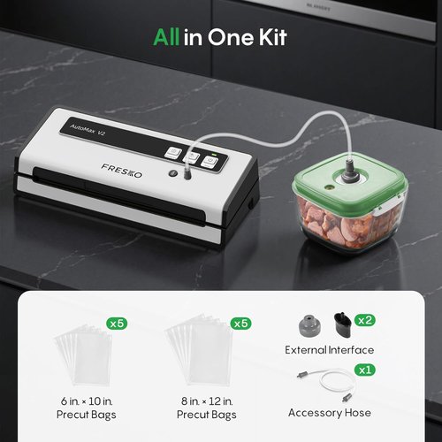 FRESKO Automatic Vacuum Sealer - 95 kPa Powerful Suction for Food Preservation | Compact Starter Kit with 10 Bags
