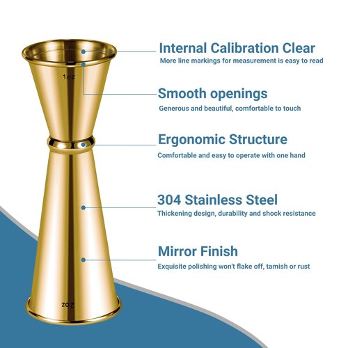 2oz 1oz Premium Japanese Jigger with 7 Measurements Inside for Bartender, 304 Stainless Steel Heavy-Duty Jigger, Bar Accessories for The Home Bar Set (Gold)