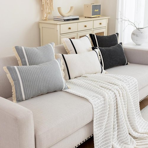 CARRIE HOME Modern Farmhouse Black Striped Lumbar Pillow Cover 12x20 with Tassels 1 Pack, Boho Decor Black and White Neutral Pillow Cover 12 x 20, Black Decorative Throw Pillows for Bed Couch Sofa