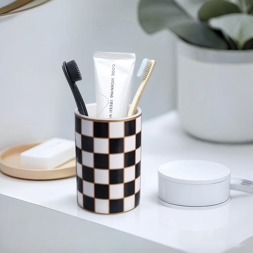 Checkered Bathroom Toothbrush Holder, Bathroom Black and White Ceramic Toothbrush Holder, Modern Toothbrush Box, Used for Bathroom countertop Storage Rack, Checkered Bathroom Decoration (Black)