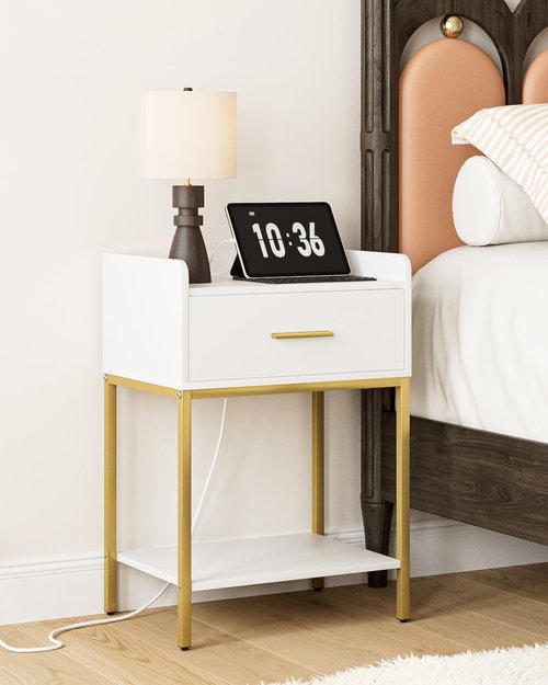 AEPOALUA Nightstand with Charging Station, Modern Bedside Table with Drawer and Legs,White and Gold Night Stand with Open Shelf, Narrow Side Table for Bedroom, Living Room