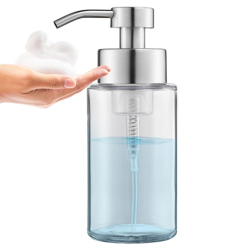 Doiliese Glass Foaming Hand Soap Dispenser, 10 oz Easy Refill Glass Soap Dispenser, Foam Dispenser with Stainless Steel Pump & Waterproof Labels, Clear Foam Soap Bottle for Bathroom Countertop
