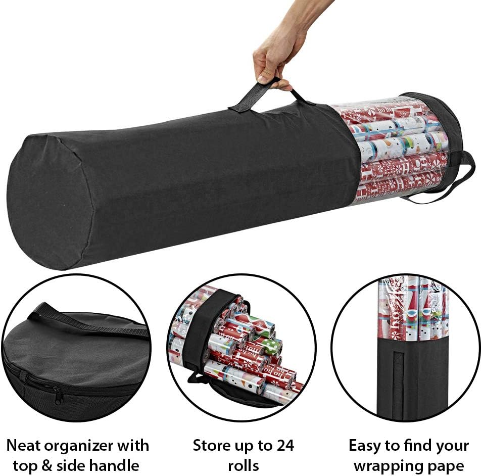 ProPik Wrapping Paper Storage Organizer Bag - Heavy Duty 40 Inch, Holds 24 Rolls, Zippered Top & Handles | Black