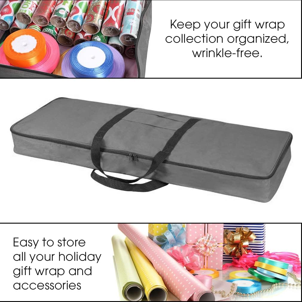 Primode Christmas Wrapping Paper Storage Bag - Durable Gift Wrap Organizer with Pockets | 37” x 14” x 4” | Gray