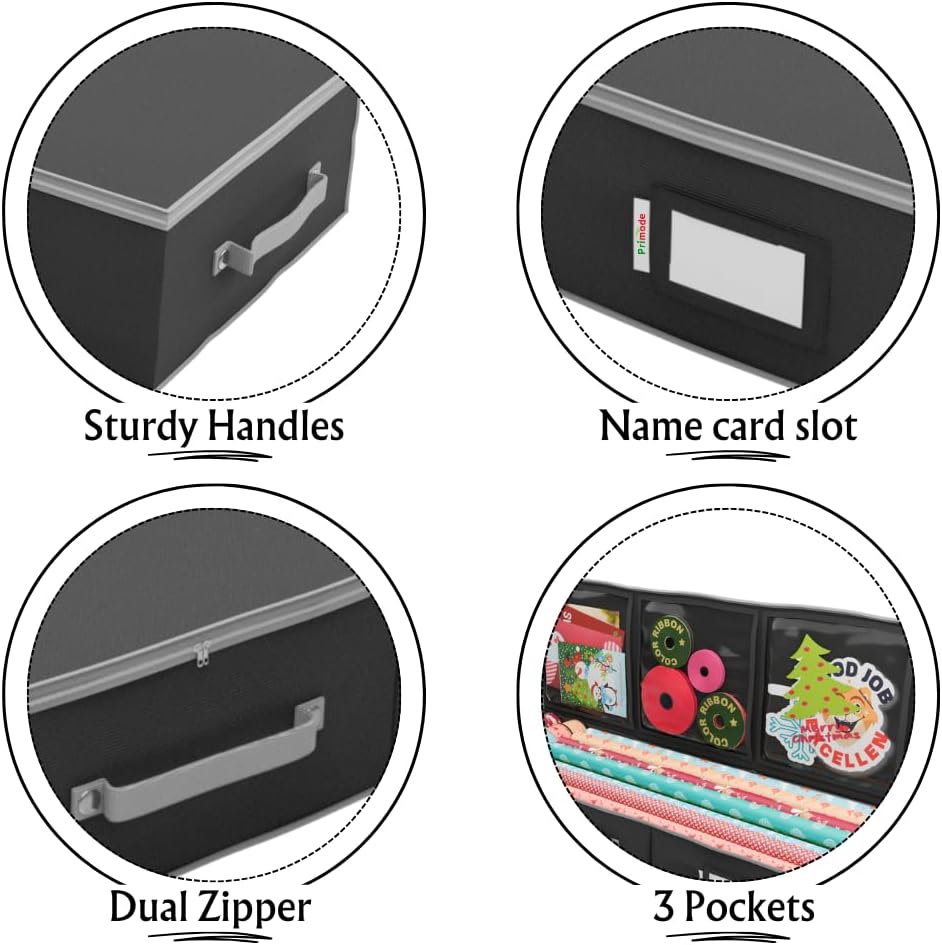 Primode Wrapping Paper Storage Container - Under Bed Gift Wrap Organizer | 41"x14"x6" | Holds 18-24 Rolls Up to 40" | Durable 600D Oxford Material | Includes Pockets for Ribbons and Bows (Black)