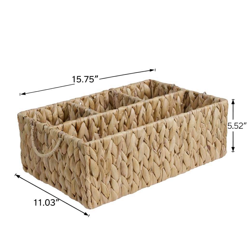 VILSSOVY Storage Basket with Handles, Water Hyacinth Storage Baskets, Wicker Diaper Caddy, Basket with dividers, Countertop Organizer for Bathroom, Living Room, Home(15.75*11.03*5.52 inches)