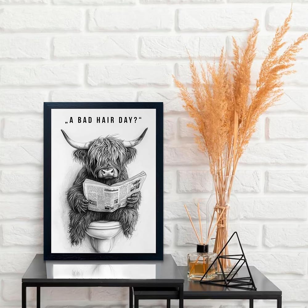 Orvannaatr Highland Cow Wall Art - Humorous Sketch of Cow on Toilet for Fun Bathroom Décor