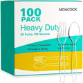 MOACOCK Heavyweight Plastic Silverware Set - 100 Count Disposable Forks & Spoons for Weddings & Parties