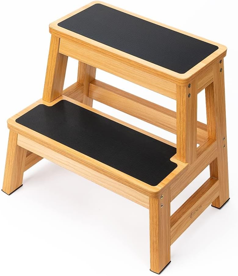 StrongTek Wood Step Stool - Heavy-Duty Two-Step Design for Adults & Kids | 17" Tall, Non-Slip Steps
