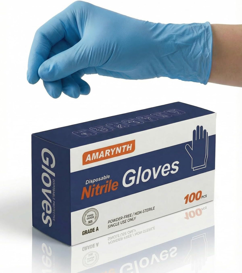 Amarynth Premium Disposable Gloves - Latex-Free, Powder-Free, Textured Fingertips - 100 Count for Lab, Kitchen, Cleaning & Tattooing