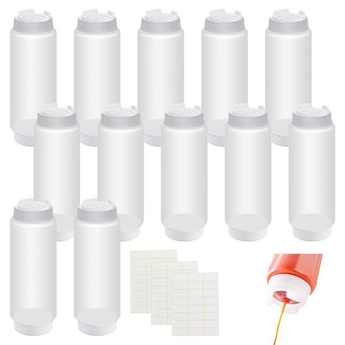 LECEHIVO 12 Pcs 32 oz Condiment Squeeze Bottles with Labels,Inverted Clear Refillable Bottles Plastic Sauce Dispenser for Restaurant Kitchen Ketchup, Dressing, and Sauces