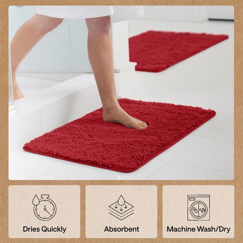 GORILLA GRIP Bath Rug Mat - Soft Absorbent Chenille | Quick-Dry Microfiber, 60x24, Red