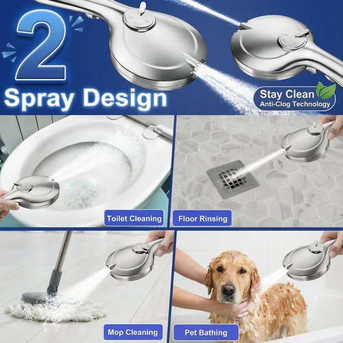 Jill Deaaa® Shower Head, 9-Mode High Pressure Shower Head with Handheld & ON/Off Switch, Anti-clog Nozzles & Built-in Spray for Clean Tub & Pet, With Stainless Steel Hose, Wall & Overhead Bracket