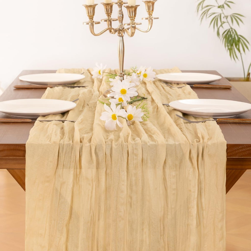 Socomi Gold Champagne Cheesecloth Table Runner - 120 Inch Sheer Gauze for Weddings & Parties