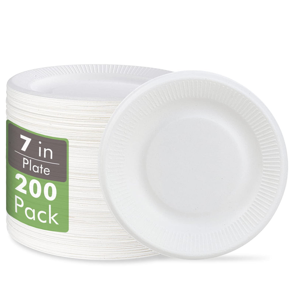 Vplus 100% Compostable Paper Plates, 200 Pack 7 Inch Disposable Paper Plates, Uncoated Biodegradable, Made of Sugar Cane Fibers, Perfect for Sandwich, Cake, and Snack