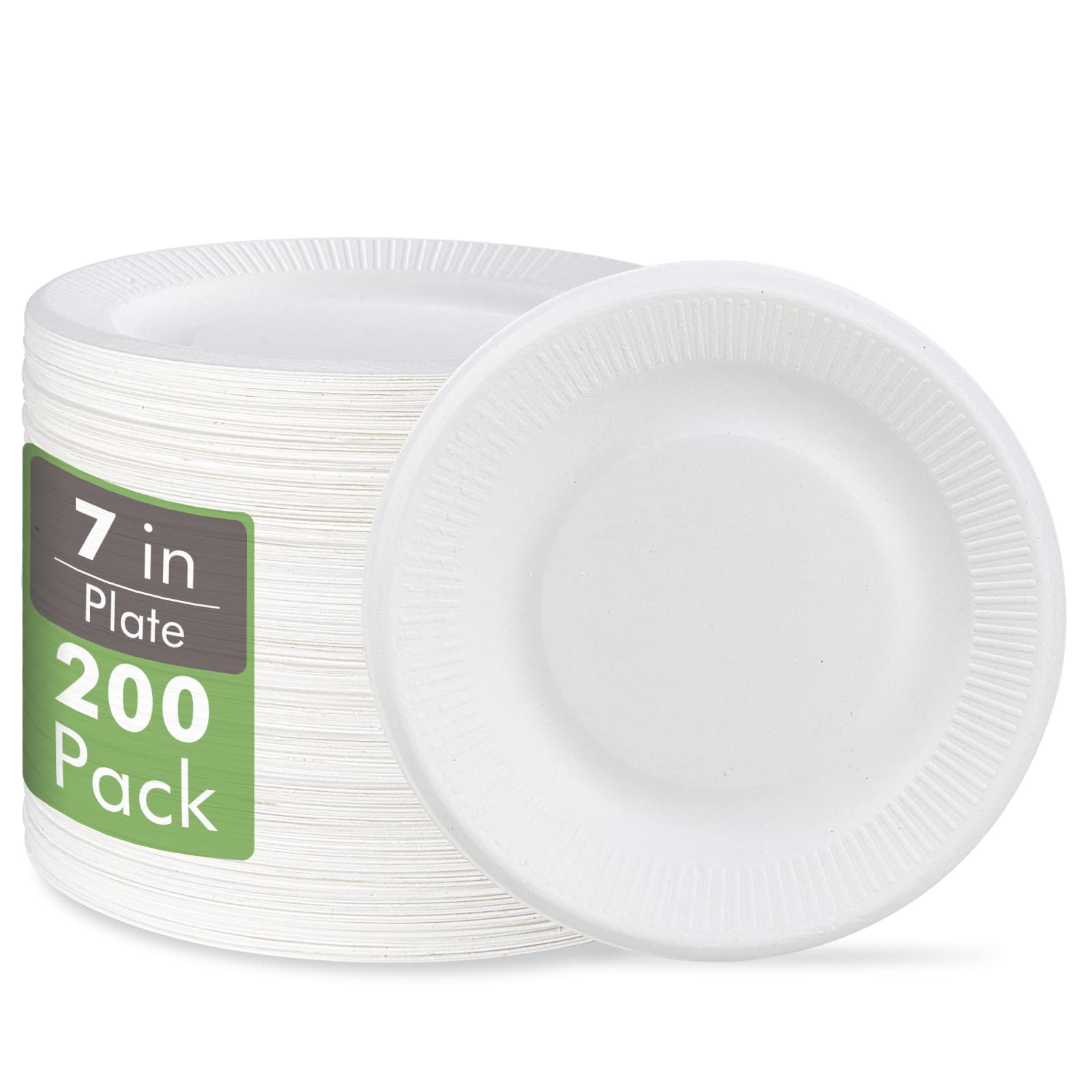Vplus 100% Compostable Paper Plates, 200 Pack 7 Inch Disposable Paper Plates, Uncoated Biodegradable, Made of Sugar Cane Fibers, Perfect for Sandwich, Cake, and Snack