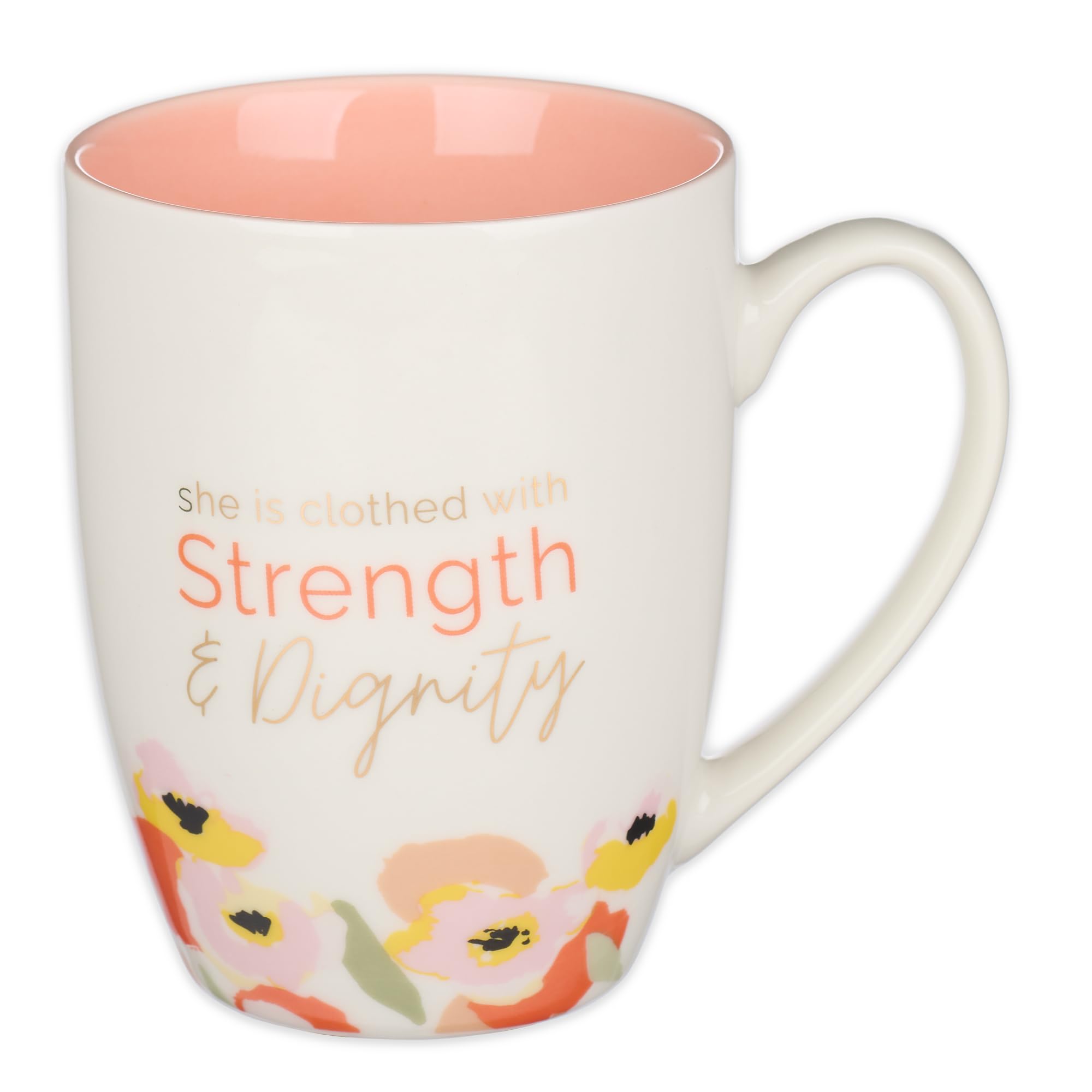 Strength and Dignity Peach Poppy Ceramic Coffee Mug - Proverbs 31:25