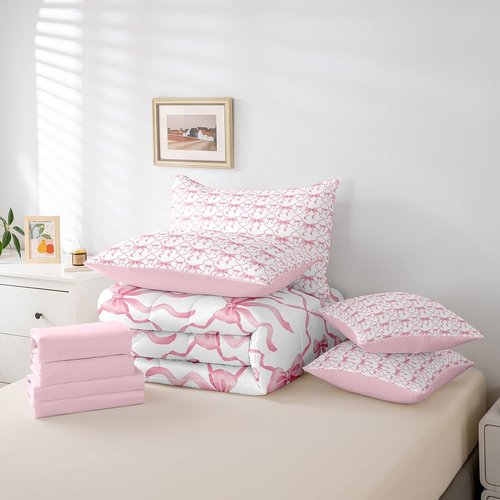 Erosebridal Pink Bow Queen Comforter Set for Kids Teen Women,Cute Ribbon Bowknot Bed in A Bag with Sheetss for Girls Kawaii Watercolor Bow Tie Bedding Set 7 Pieces,Pink White Princess Bowknot Bed Set