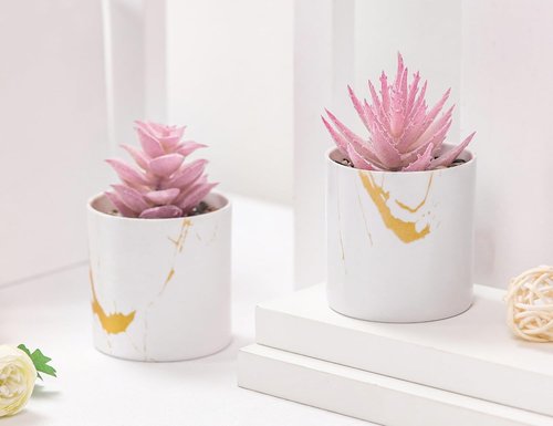 Der Rose Artificial Succulent Plants - Set of 2 Mini Fake Succulents for Office Desk Decor | Pink