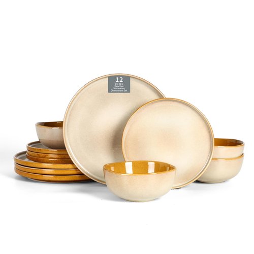 Vicrays Ceramic 12 Pieces Dinnerware Set - Dinner Plates Salad Plates Cereal Bowls Set Service for 4 - Scratch Resistant Microwave Oven Dishwasher Safe - Beige