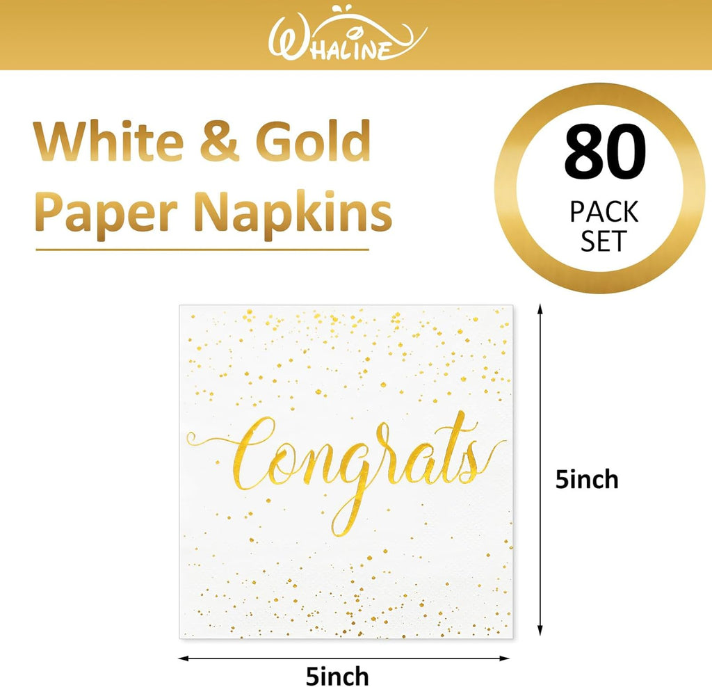Whaline Cocktail Napkins - 80 Pcs White Gold Foil Congrats Design | Perfect for Graduation & Celebrations